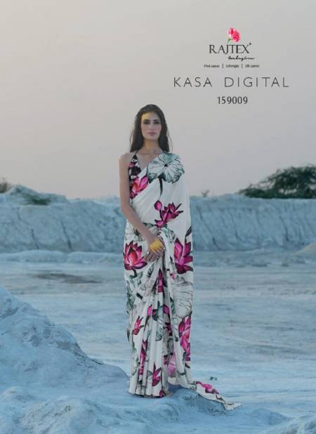 White And Pink Colour Kasa Digital 159001 TO 159009 By Rajtex Satin Crepe Saree Wholesale Market In Surat With Price 159009