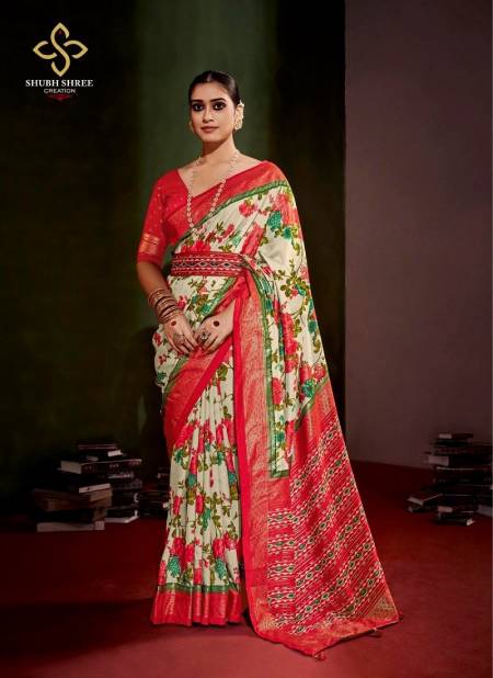 White And Red Colour Anusharam By Shubh Shree Velvet Tussar Silk Designer Saree Catalog 1002