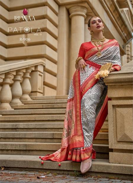 White And Red Colour Patola Vol 5 By Rewaa Printed Silk Wedding Saree Exporters in India R-906