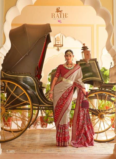 White And Red Colour Rani Sahiba By Rath Patola Silk Designer Saree Catalog 1071