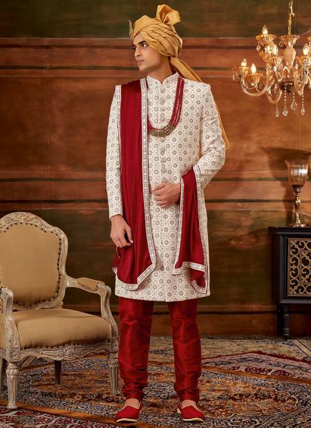 White And Red Colour Heavy Wedding Wear Wholesale Sherwani Catalog 1019