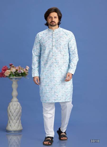White And Sky Blue Colour Party Mens Wear Pintux Stright Kurta Pajama Wholesale Online 3010