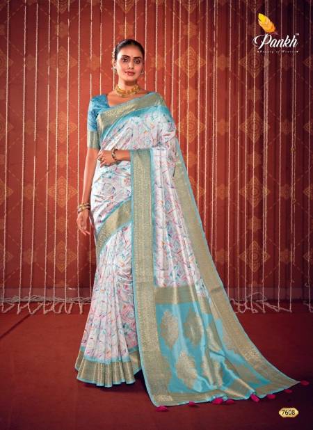 White And Sky Blue Colour Swastik By Pankh Digital Printed Designer Saree Catalog 7608