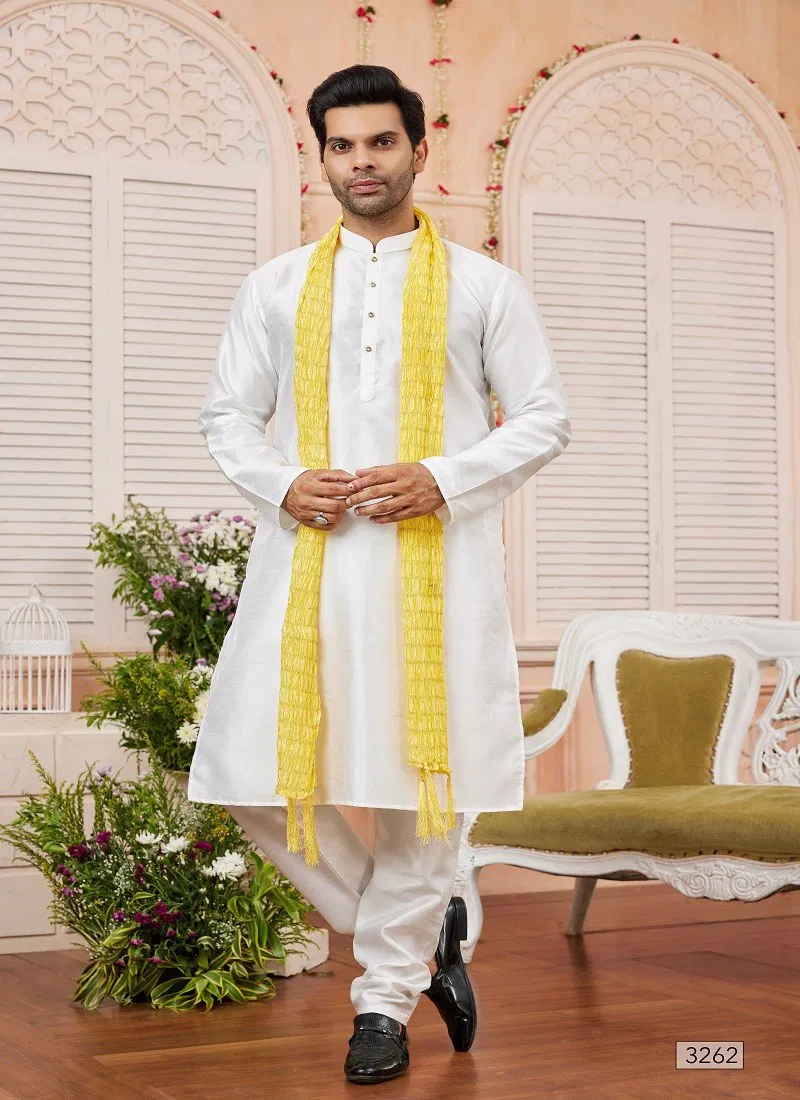 White And Yellow Colour 1644 Function Wear Art Silk Mens Kurta Pajama With Dupatta Orders In India 3262