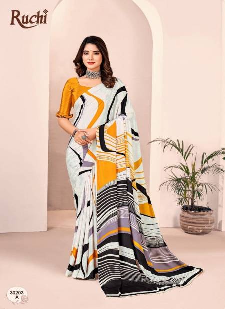 White And Yellow Colour Vivanta Silk 27th Edition By Ruchi Printed Silk Crepe Saree Wholesalers in Delhi 30203-A