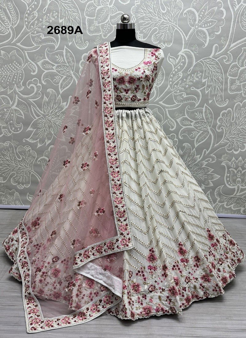 White Colour 2689 A To C by Anjani Art Georgette Bridal Lehenga Choli Exporters In India 2689A