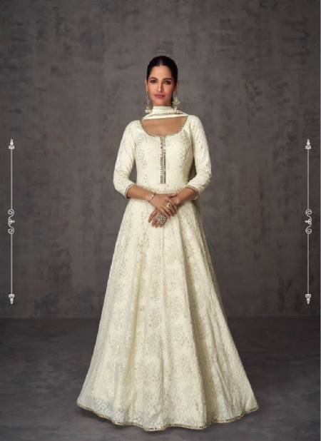 White Colour Ameena By Sayuri Georgette Embroidered Gown Wth Dupatta Catalog 5358