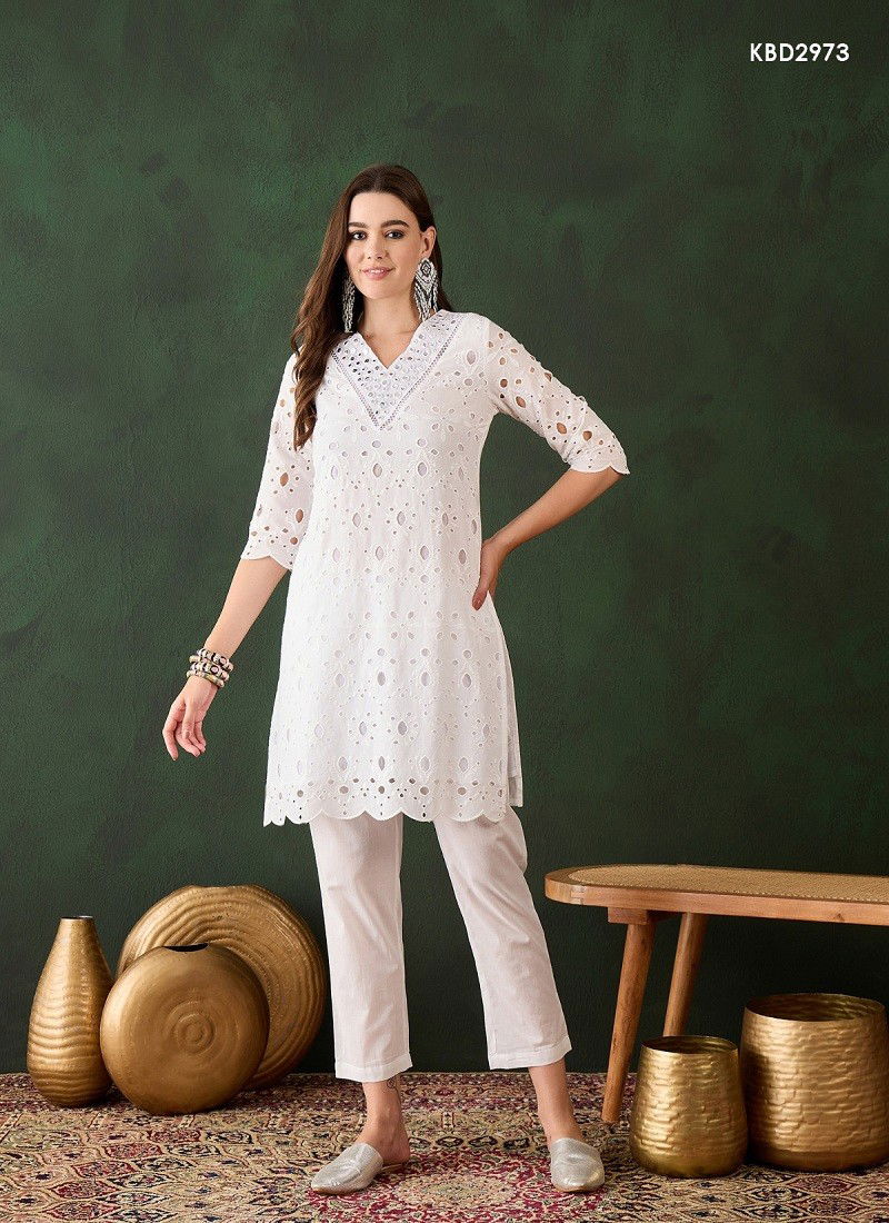 White Colour Bhumi Vol 3 By Mahotsav Cotton Embroidery Kurti With Bottom Orders In India KB2973