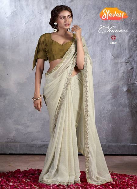 White Colour Chunari By Stavan Designer Chiffon Embroidery Sarees Wholesale Price In Surat 1006