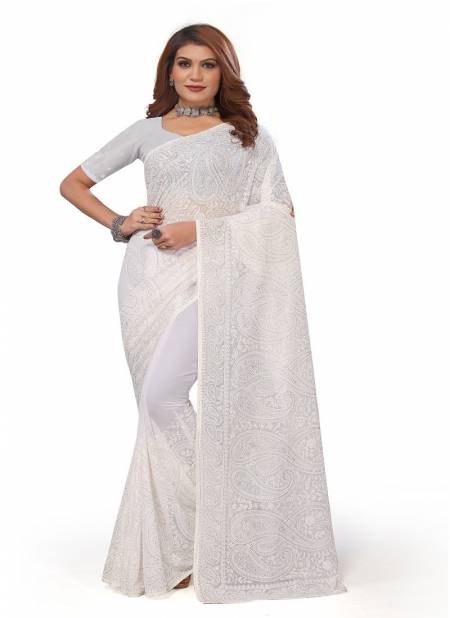 White Colour Disha By Utsav Nari Heavy Resham Embroidery Georgette Party Wear Saree Wholesale Online 2252