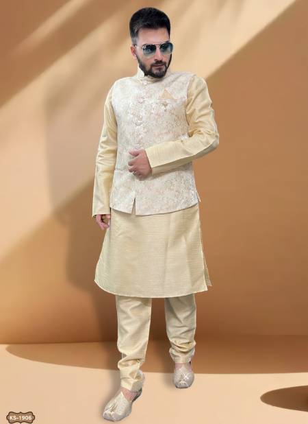 White Colour Function Wear Mens Modi Jacket Kurta Pajama Catalog 1906