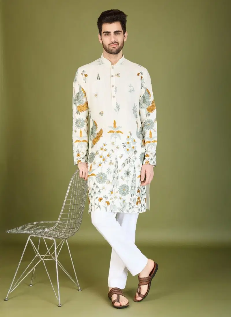 White Colour Heritage Style By Shubhvastra Viscose Rayon Wedding Wear Mens Kurta Orders In India 61123