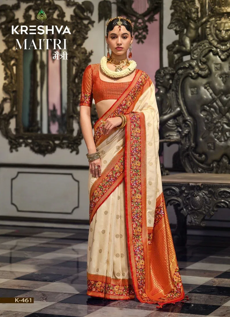 White Colour Maitri By Kreshva Banarasi Silk Saree Wholesale Shop In Surat K-461