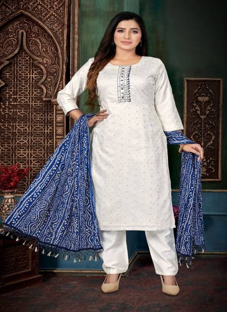 White Colour N F Churidar 041 Printed Chanderi Silk Readymade Suit Catalog N F C 826
