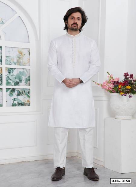 White Colour Occasion Mens Wear Premium Linen Cotton Designer Kurta Pajama Wholesale Online 3154