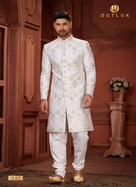 White Colour Outluk Wedding Collection Vol 13 Heavy Silk Mens Wear Sherwani Manufacturers 13007