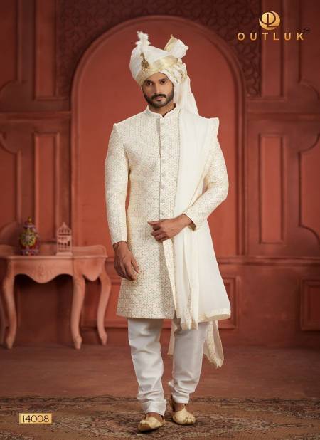 White Colour Outluk Wedding Collection Vol 14 Pure Silk Mens Wear Sherwani Wholesale Online 14008