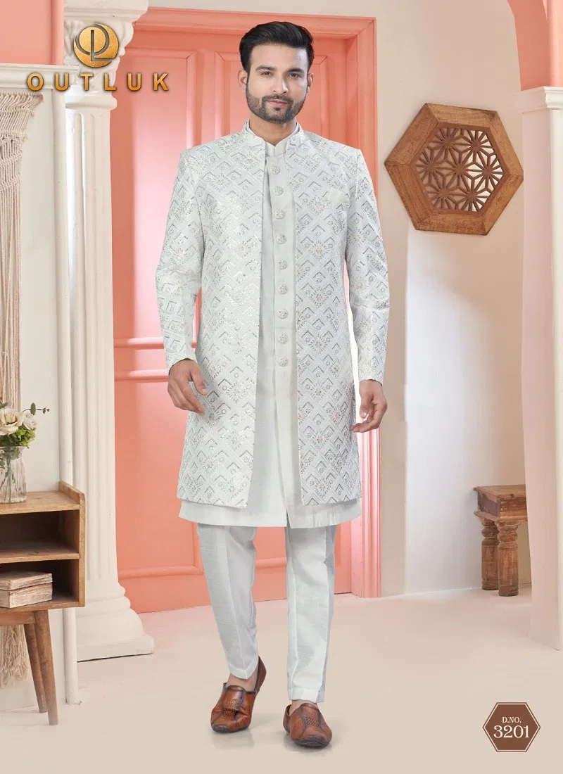 White Colour Outluk Wedding Collection Vol 32 Party Wear Mens Indo Western Manufacturers 3201