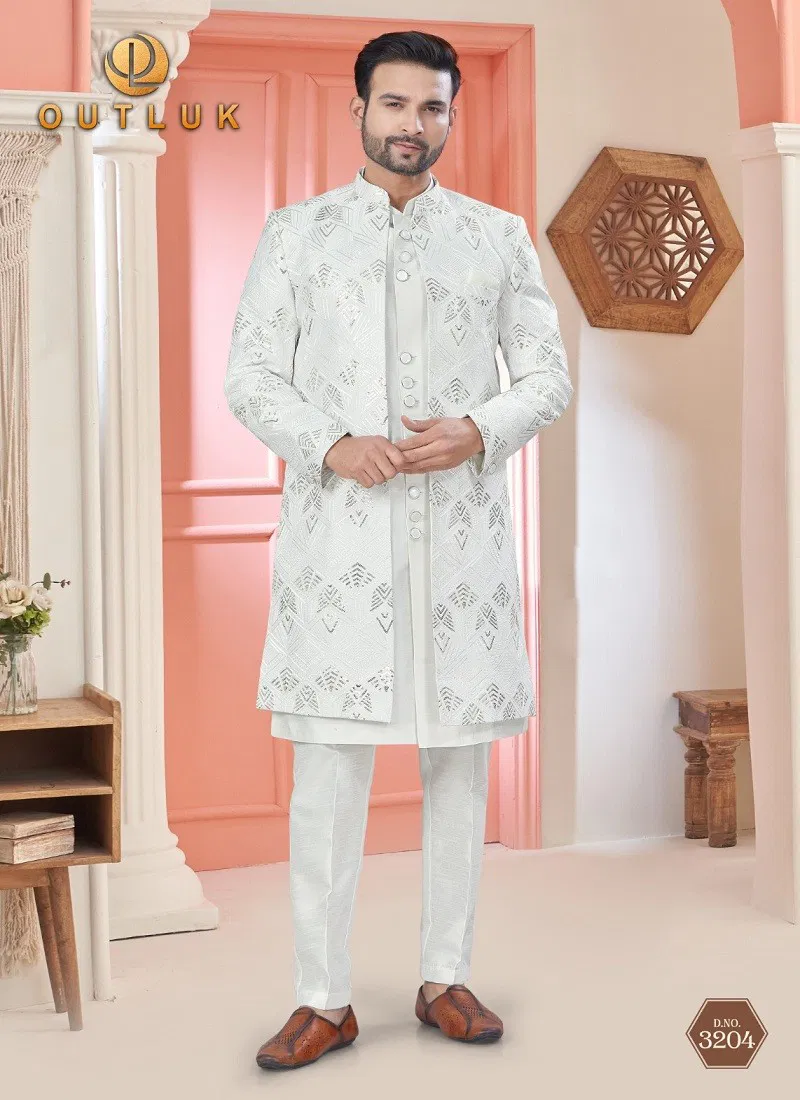 White Colour Outluk Wedding Collection Vol 32 Party Wear Mens Indo Western Manufacturers 3204