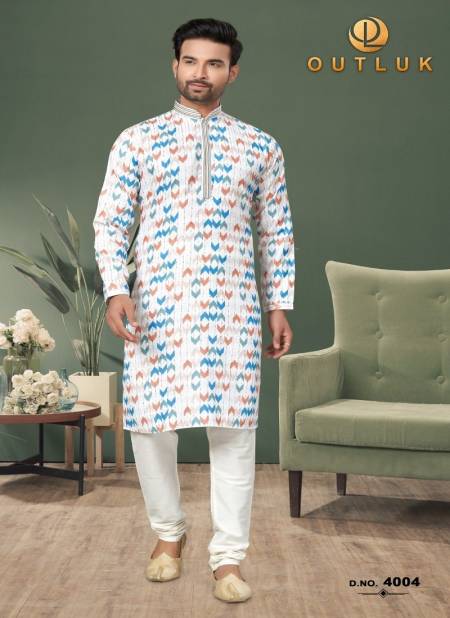 White Colour Outluk Wedding Collection Vol 4 Mens Wear Kurta Pajama Catalog 4004