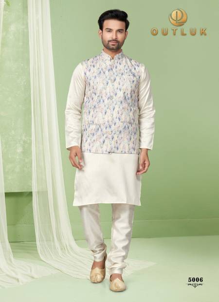 White Colour Outluk Wedding Collection Vol 5 Mens Wear Modi Jacket Kurta Pajama Catalog 5006