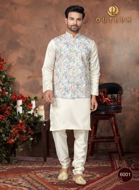White Colour Outluk Wedding Collection Vol 6 Mens Wear Modi Jacket Kurta Pajama Catalog 6001