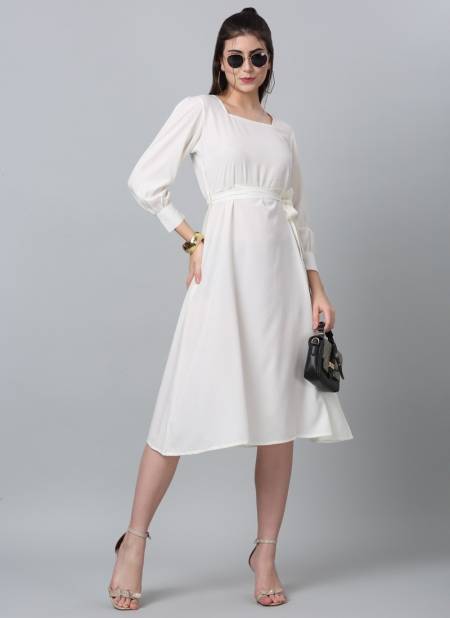 White Colour Raisin American Crepe Party Wear Western Midi Dress Catalog OLRF0025