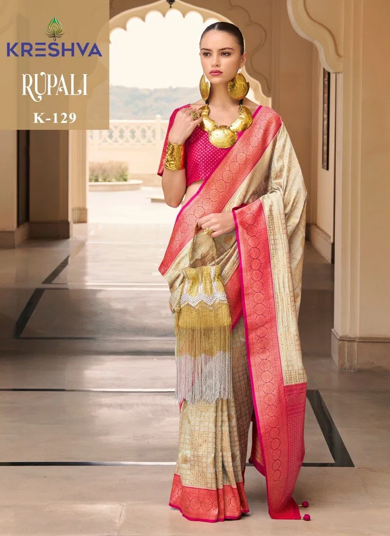 White Colour Rupali By Kreshva Banarasi Silk Printed Wholesale Saree Suppliers In Mumbai K-129