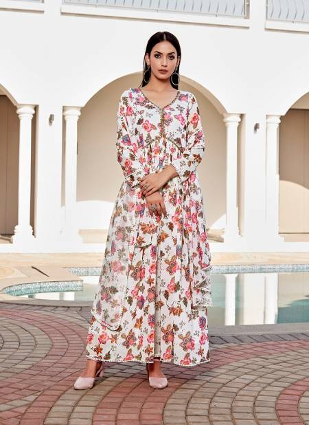 White Colour SS 161 Flower Printed Georgette Kurti With Dupatta Suppliers In India DR102