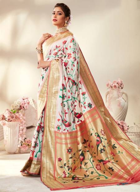 White Colour Tanishq Paithani Silk Rajpath Exclusive Wear Wholesale Printed Sarees Catalog 99001