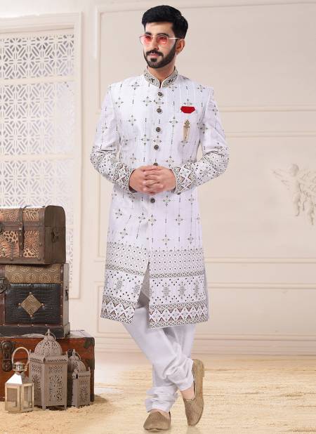 White Colour Wedding Wear Mens Wholesale Sherwani Catalog 1741