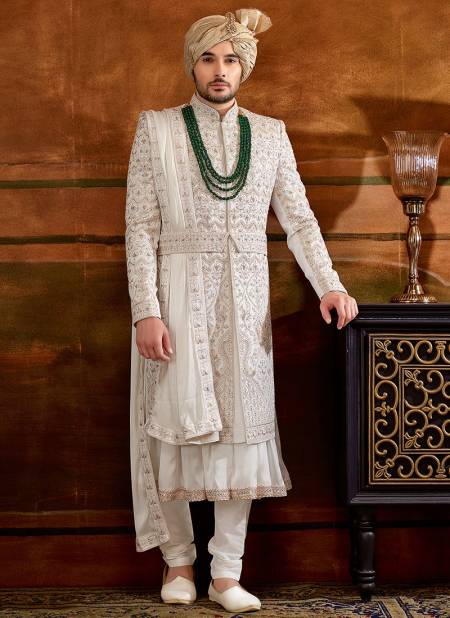 White Colour Heavy Wedding Wear Wholesale Sherwani Catalog 1004