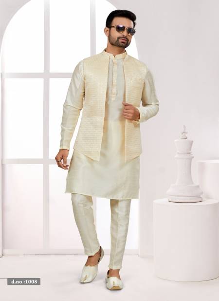 White Cream Colour Function wear Lakhnavi Mens wear Modi Jacket Kurta Pajama Catalog 1008