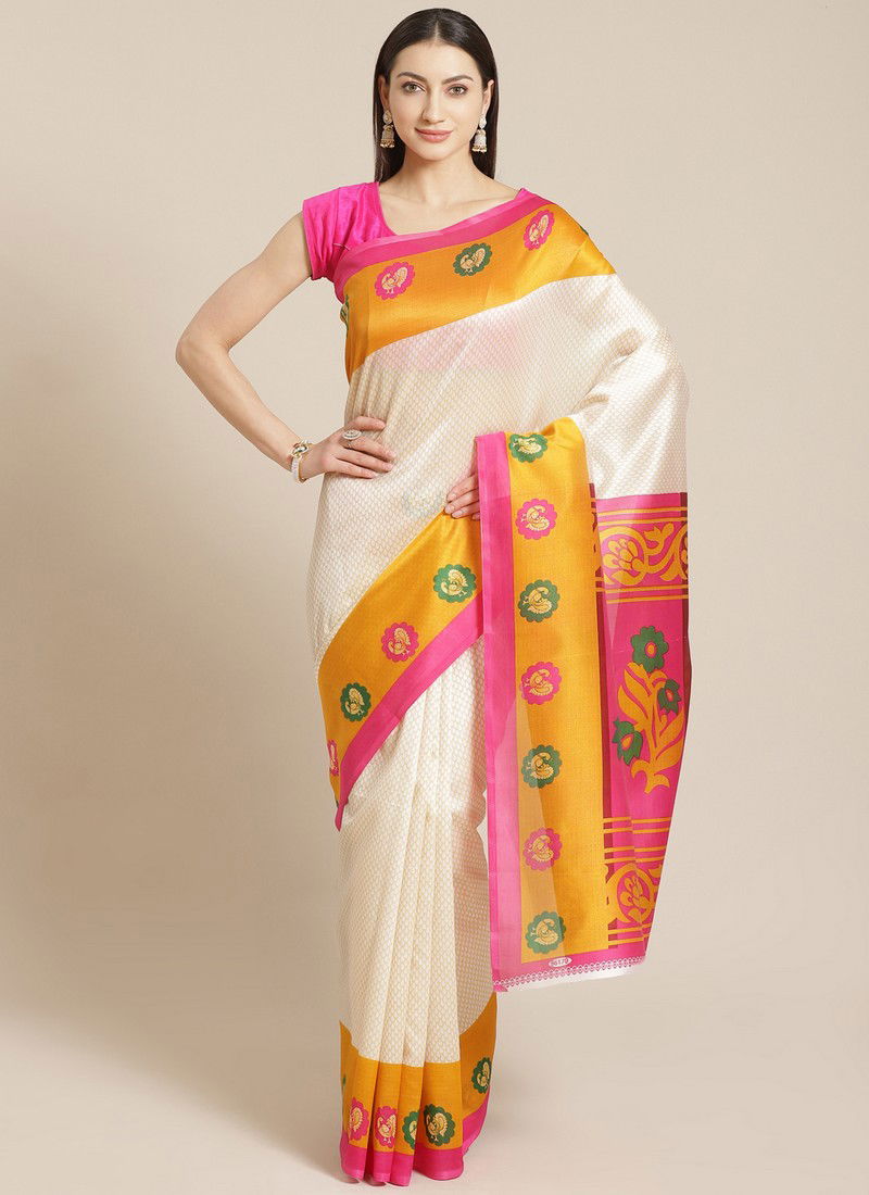 White Daily Wear Pinted Bhagalpuri Saree 98