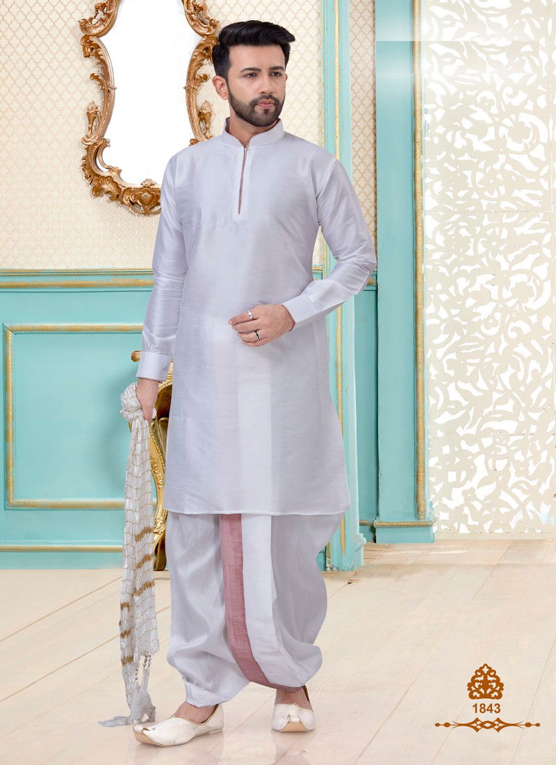 White Dupion Silk Readymade Mens Dhoti Kurta 1843