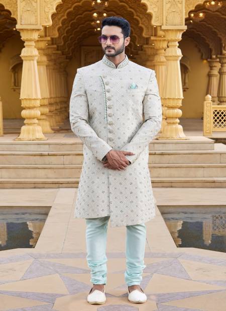 White Green Colour Wedding Wear Mens Sherwani Catalog 2636