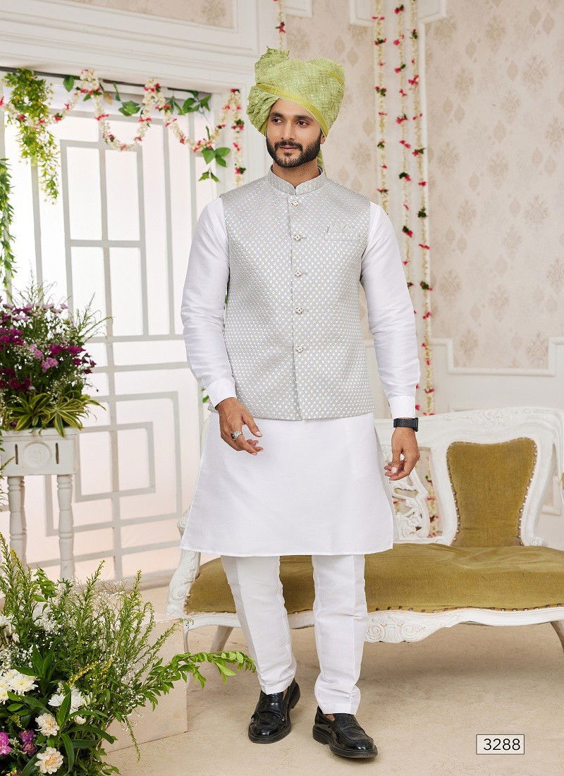 White Grey Colour 1645 Wedding Wear Art Silk Mens Modi Jacket Kurta Pajama Exporters In India 3288