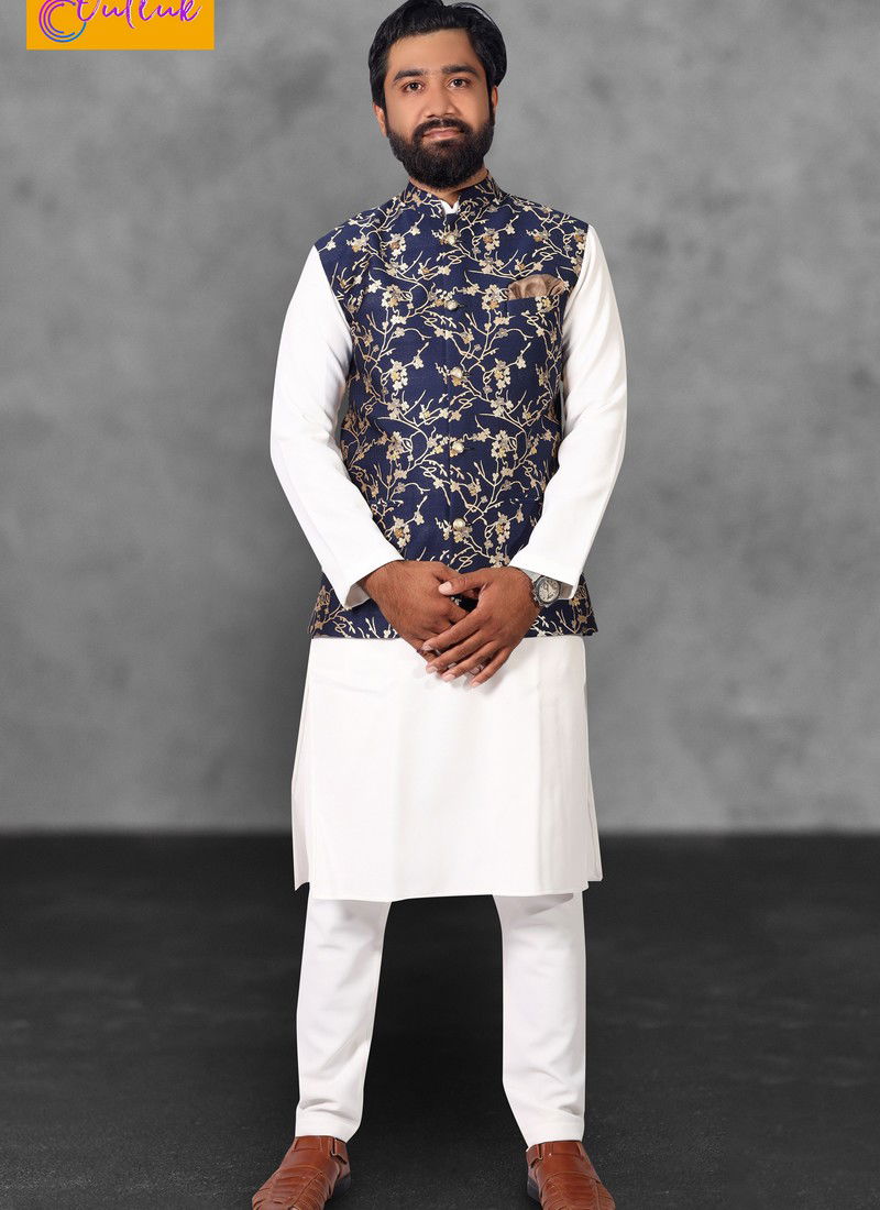 White Kurta with Blue Modi Jacket 12001