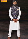 White Kurta with Blue Party Wear Modi Jacket 12008