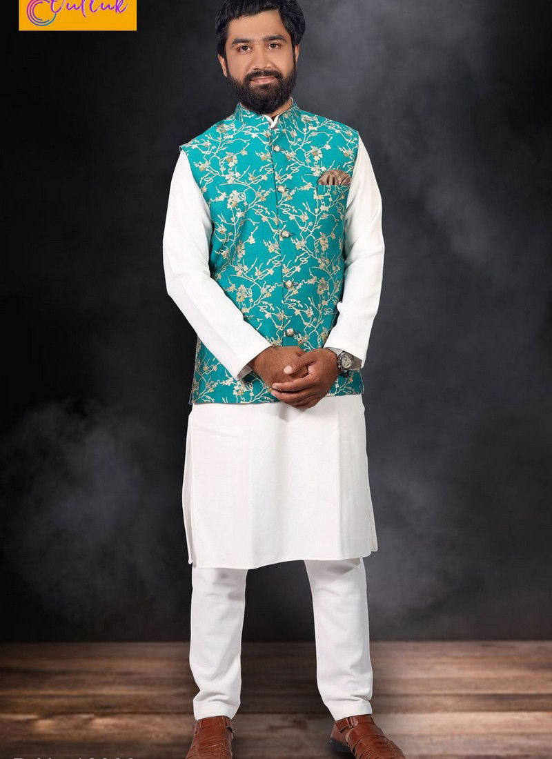 White Kurta with Green Modi Jacket 12003