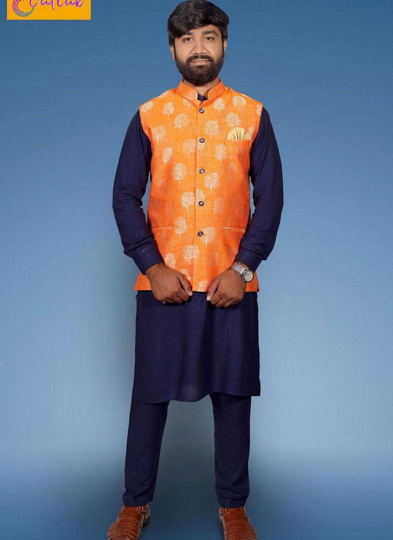 White Kurta with Orange Designer Modi Jacket 12013