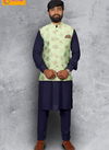 White Kurta with Parrot Green Modi Jacket 12016