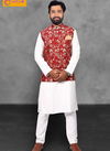 White Kurta with Red Modi Jacket 12004