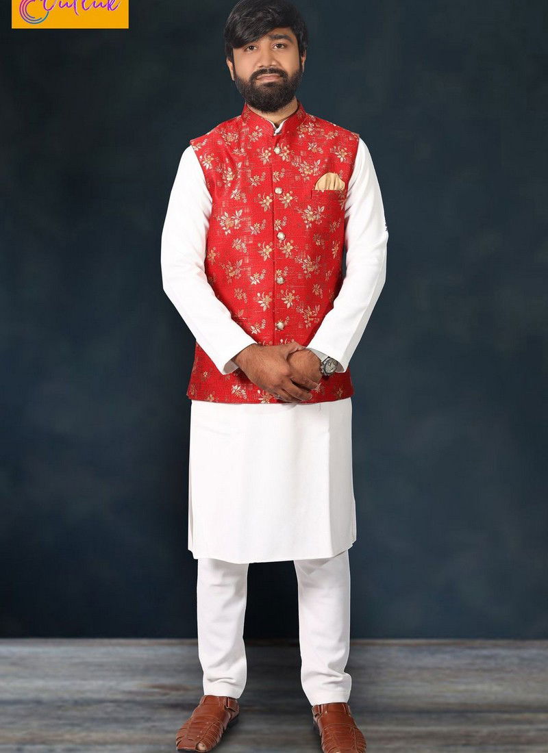 White Kurta with Red Party Wear Modi Jacket 12009