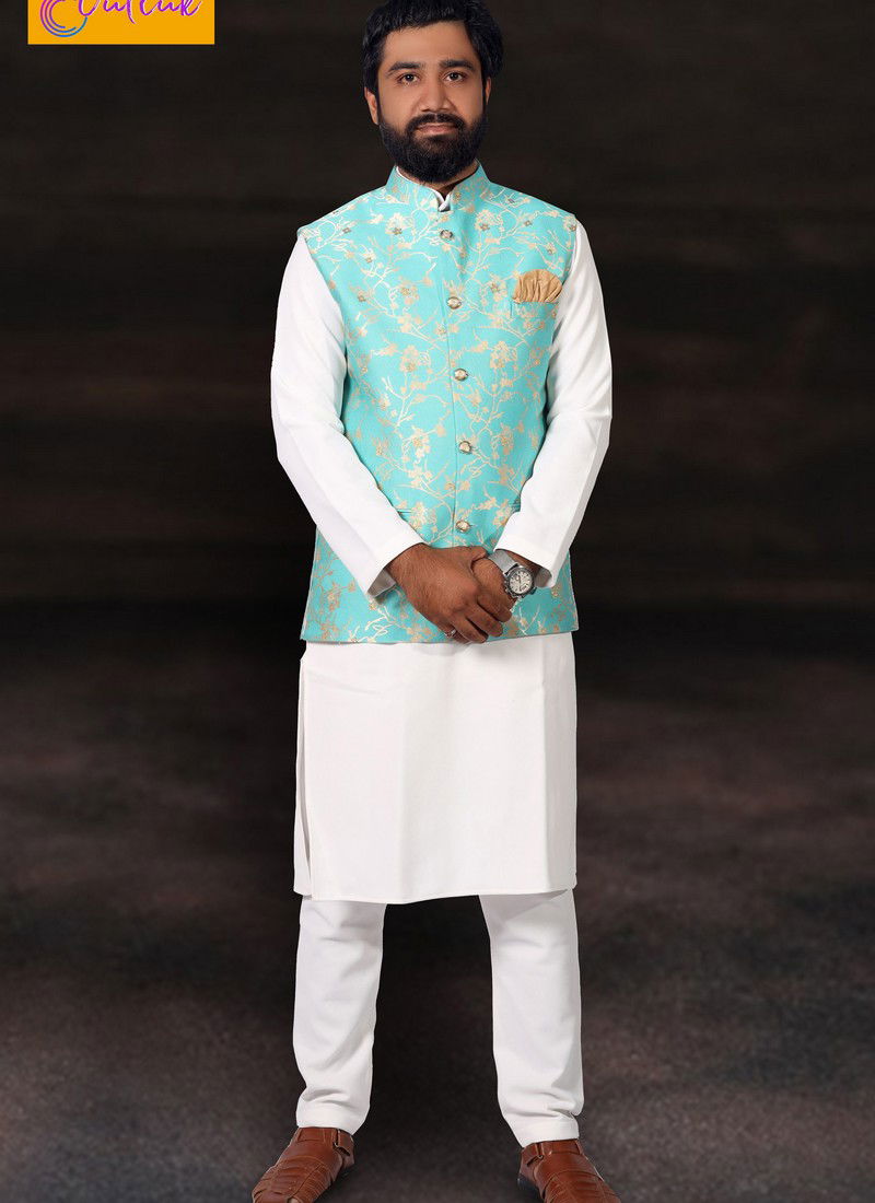 White Kurta with Sky Blue Modi Jacket 12002 :theethnicworld