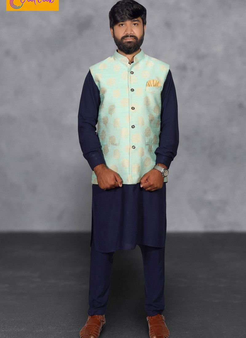 White Kurta with Sky Blue Party Wear Modi Jacket 12011