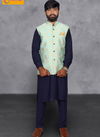 White Kurta with Sky Blue Party Wear Modi Jacket 12011