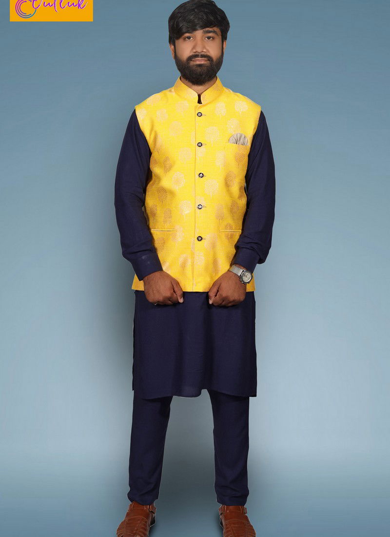 White Kurta with Yellow Modi Jacket 12017