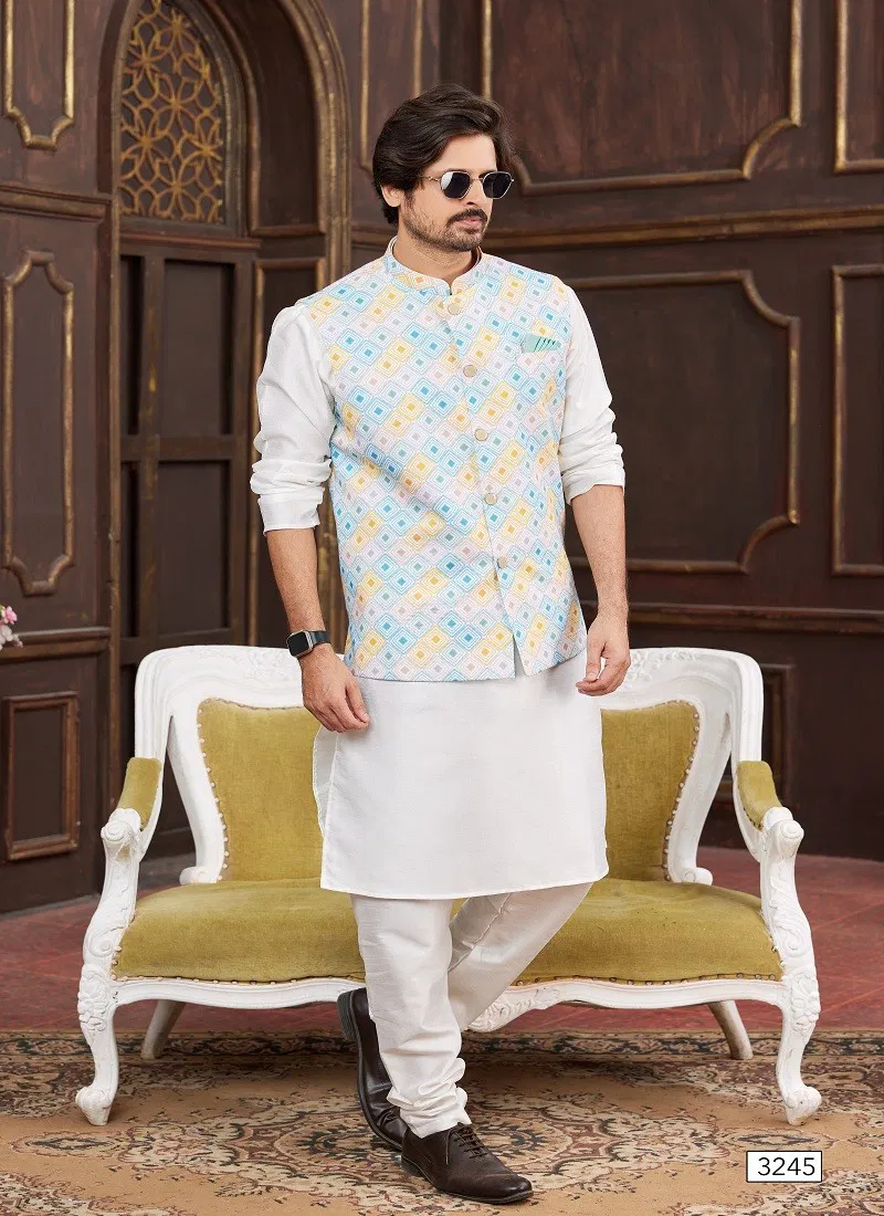 White Multi Colour 1643 Party Wear Art Banarasi Silk Mens Modi Jacket Kurta Pajama Wholesale Online 3245