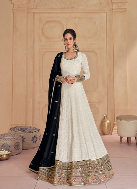 White Multi Colour Dastoor By Sayuri Designer Georgette Readymade Suits Exporters In India 5523